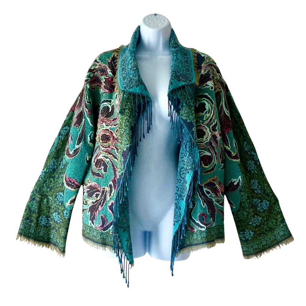Zonda Nellis VTG Floral Turquoise Hand-Sewn Wool Cotton Knit Kimono Size M